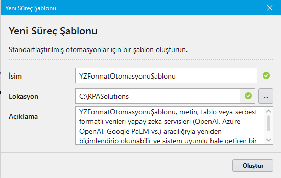 Yeni Süreç Şablonu Ekranı