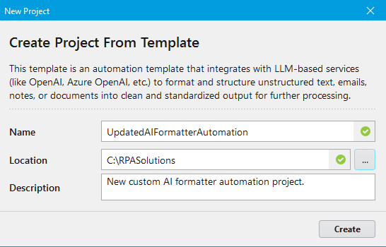 Create New Project From Template Screen
