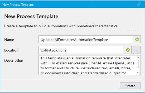 New Process Template Screen